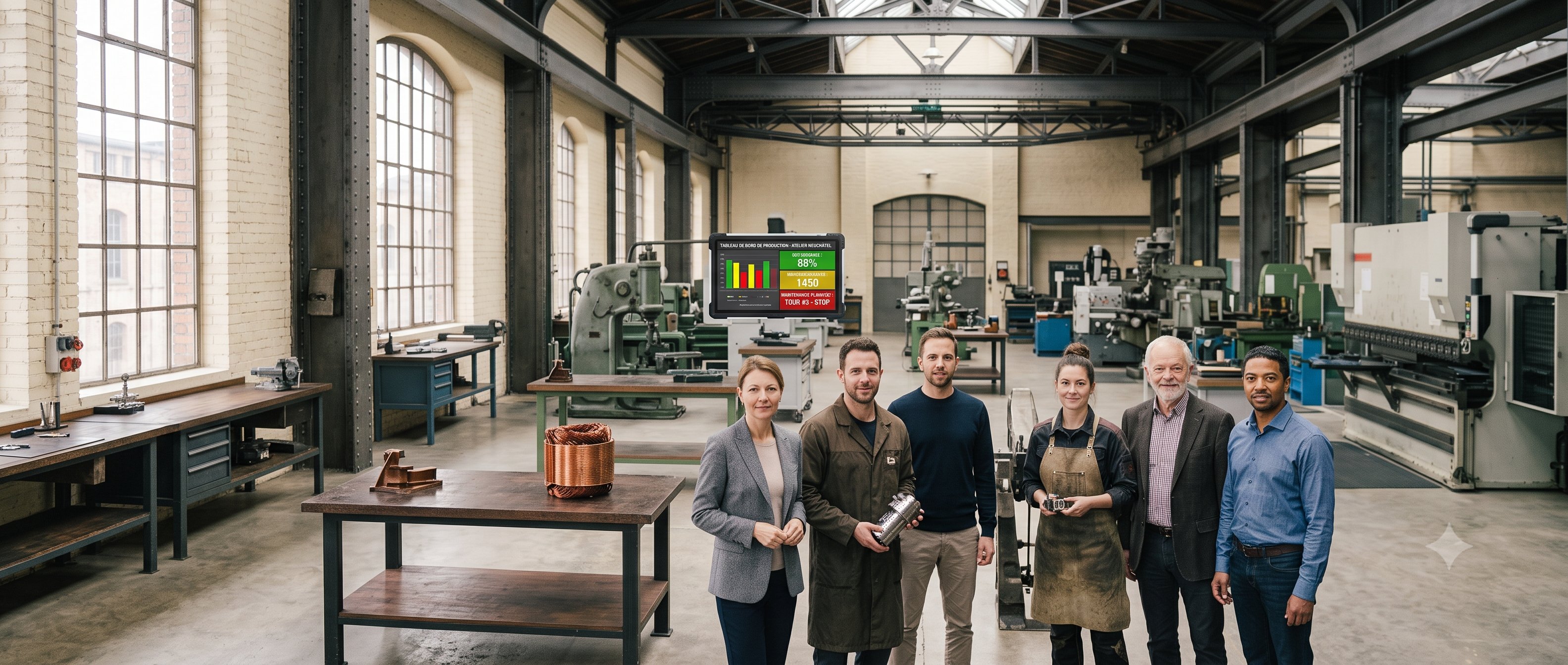 Une équipe mixte, opérateurs et management, dans un atelier lumineux