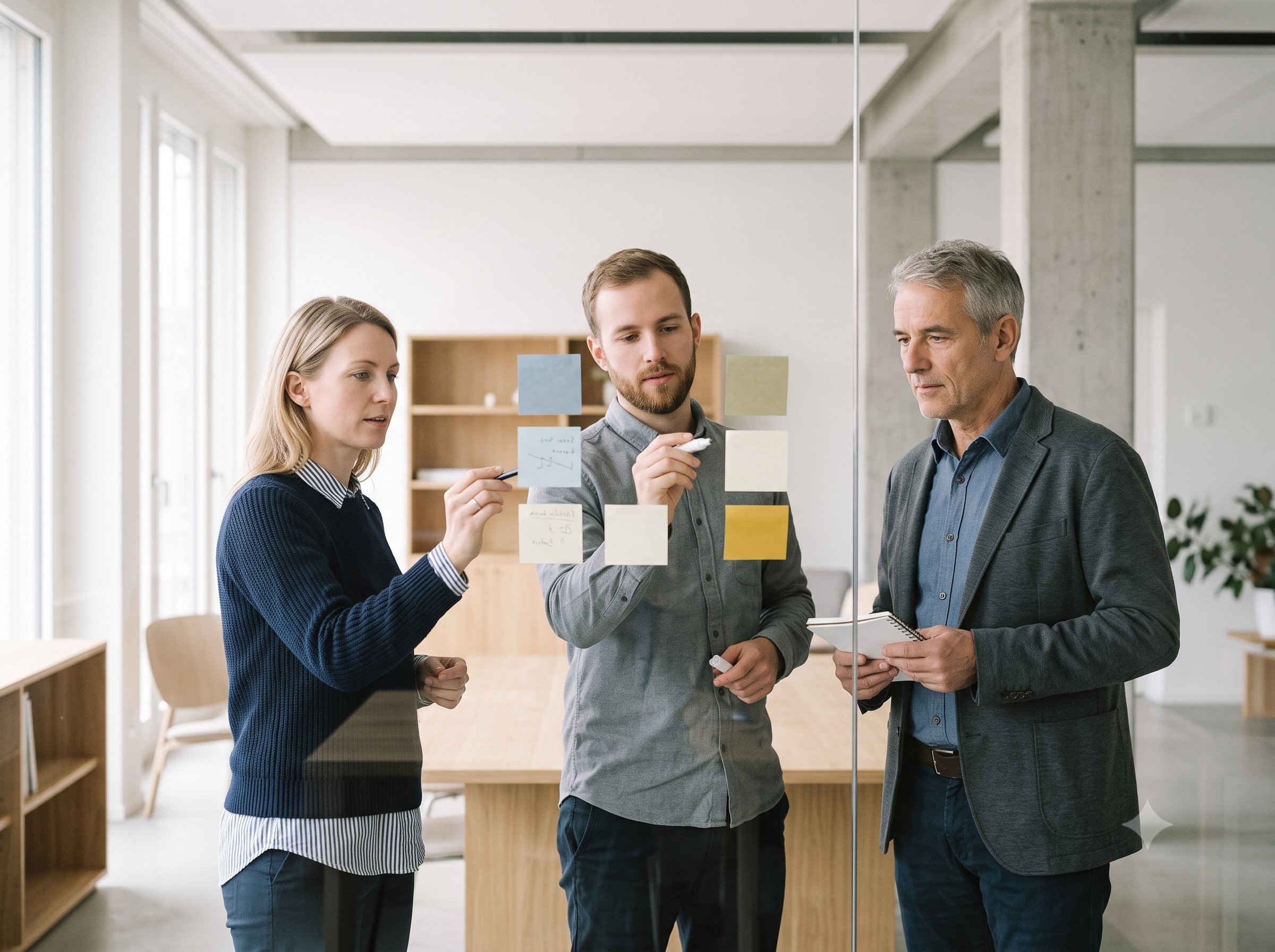 Une équipe de services autour d'un tableau d'idées