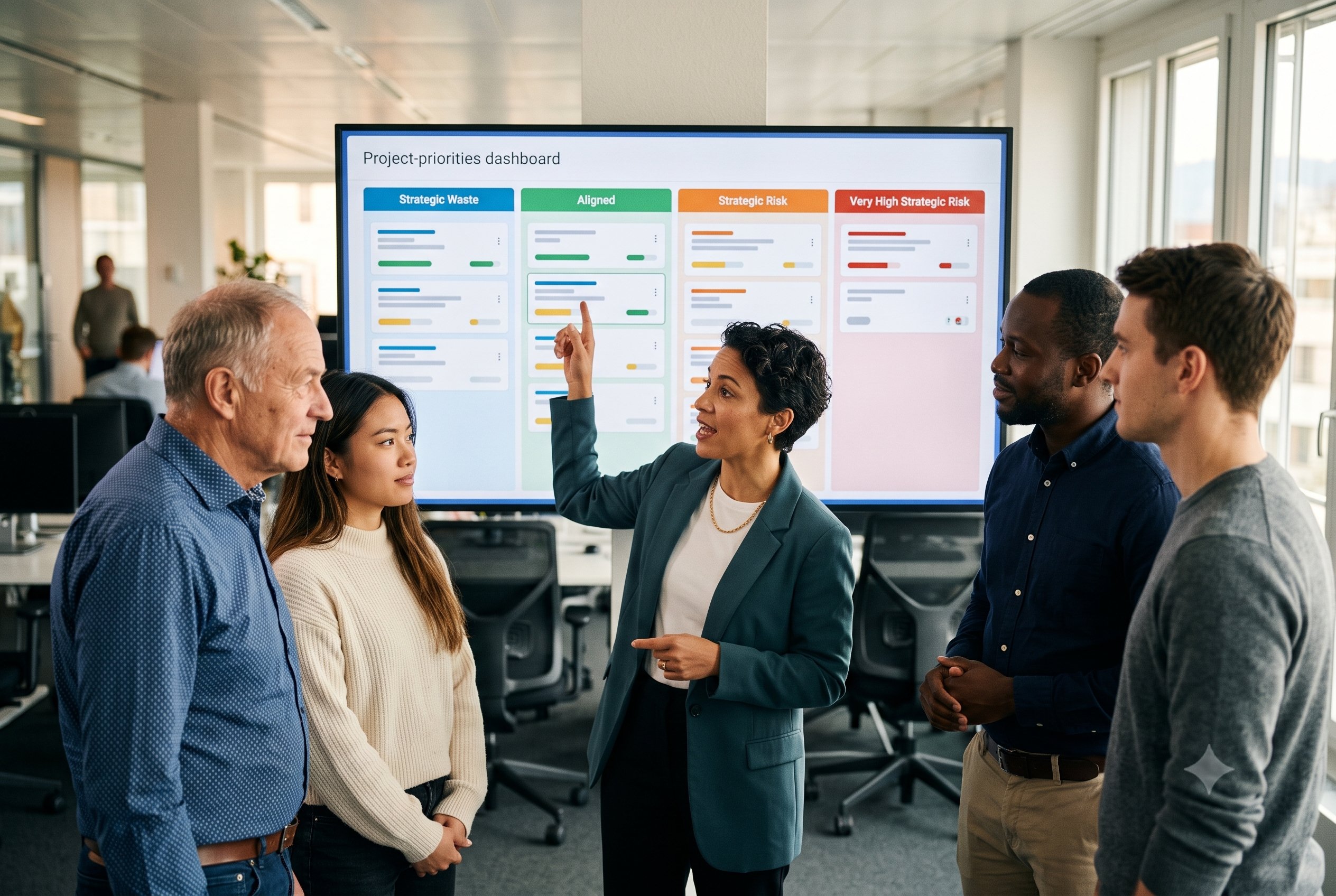 Une équipe en standup meeting devant l'écran des priorités Qibud