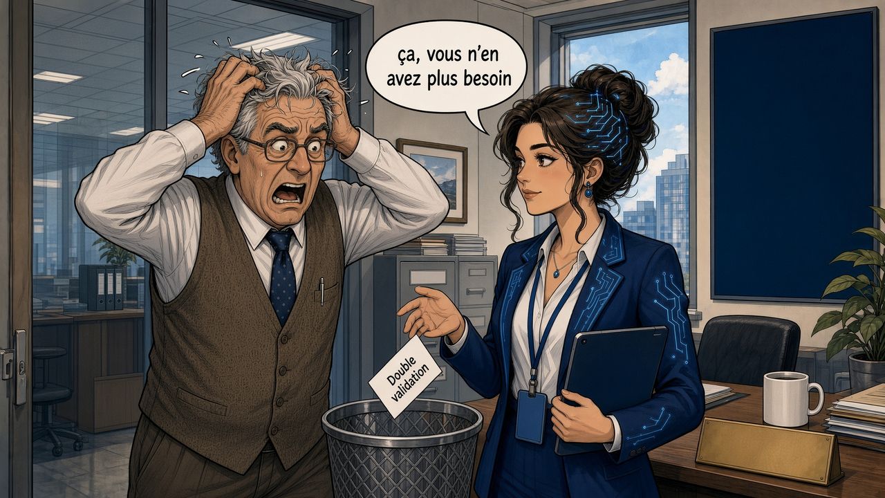 Éléonore s'apprête à jeter la case « Double validation » sous le regard affolé de Bernard