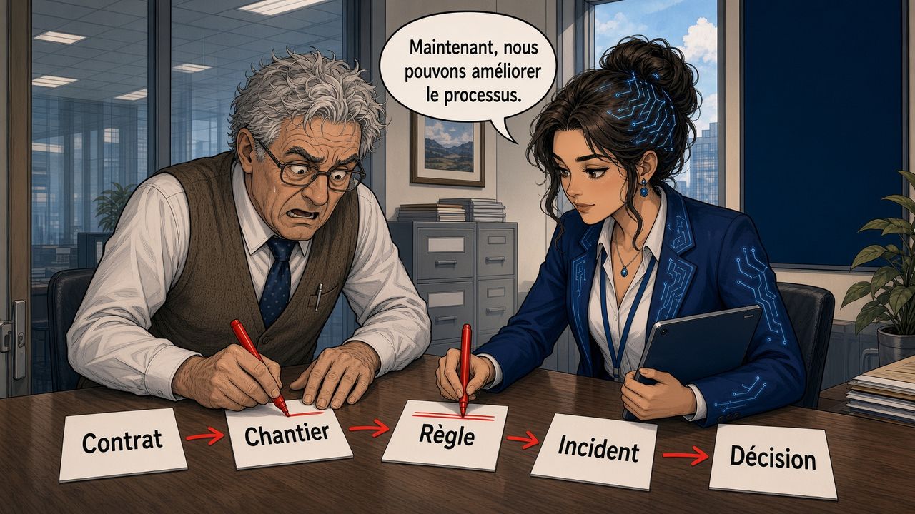 Bernard et Éléonore relient les fiches Contrat, Chantier, Règle, Incident et Décision
