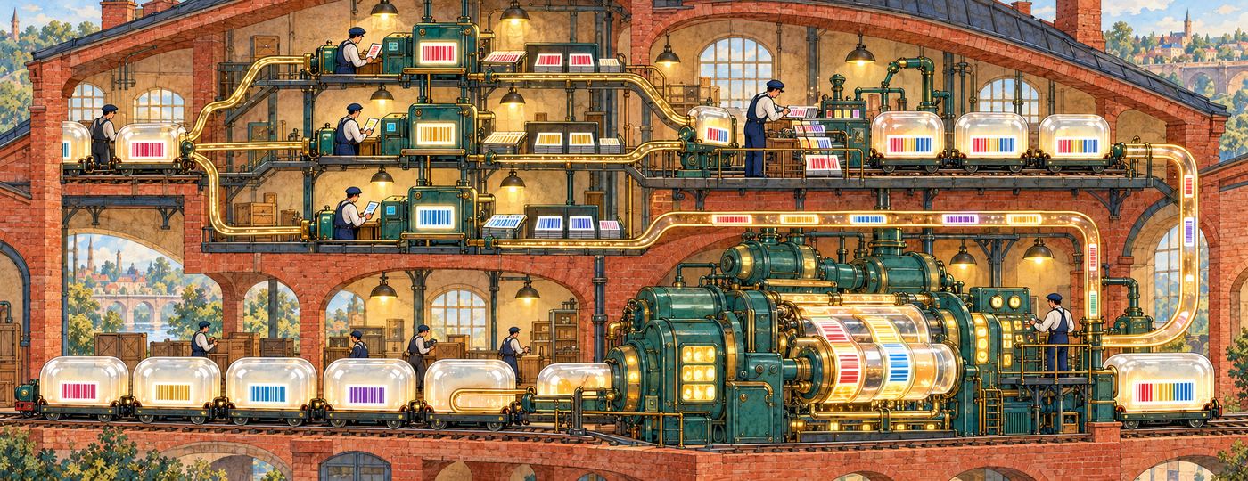 L'intérieur d'une usine : des équipes autour de leurs établis et une grande machine