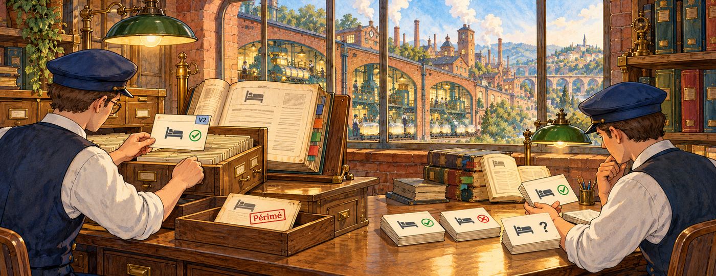 Les archivistes retirent les anciennes fiches et testent le service avec des questions de contrôle